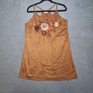 Altar'd State Faux Suede Floral Brown Embroidered Slip Dress Sz Medium Hippie
